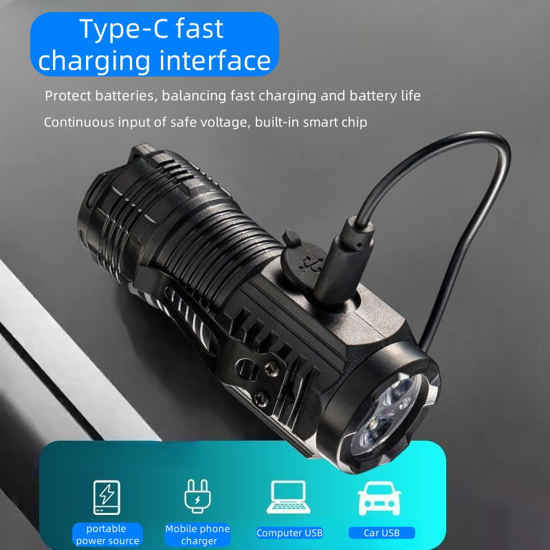 High-intensity long-range three-lens mini flashlight with high brightness, portable, multi-functional for outdoor use, with magnetic clip and headlamp cap.
