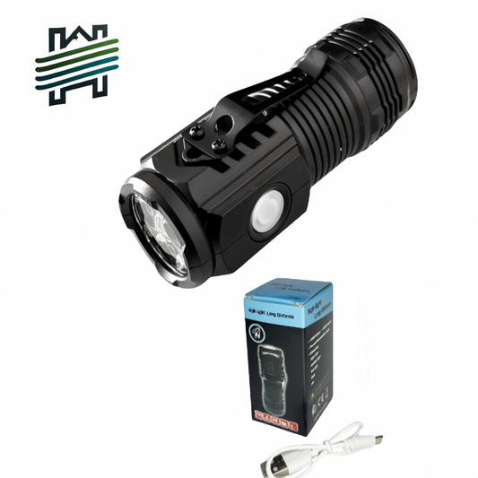 High-intensity long-range three-lens mini flashlight with high brightness, portable, multi-functional for outdoor use, with magnetic clip and headlamp cap.
