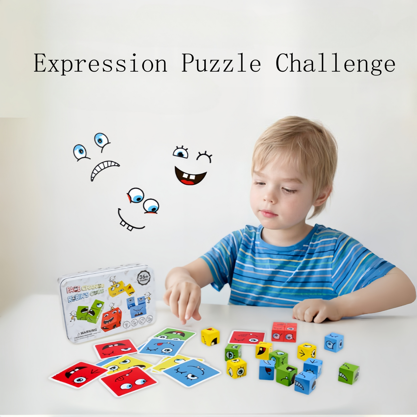 Children's wooden facial-expression changing magic cube table game building blocks with a bell, large-sized iron box puzzle, parent-child interactive thinking and intelligence toy