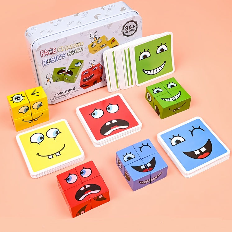 Children's wooden facial-expression changing magic cube table game building blocks with a bell, large-sized iron box puzzle, parent-child interactive thinking and intelligence toy