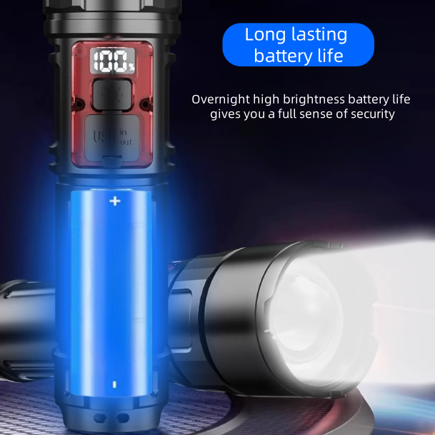 Rechargeable high-intensity flashlight for outdoor use, multi-functional, long-range, super-bright, small-sized, suitable for household use, mini portable, white laser light.
