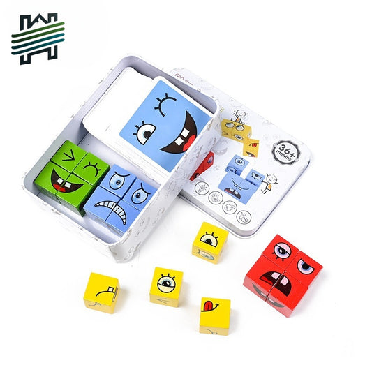 Children's wooden facial-expression changing magic cube table game building blocks with a bell, large-sized iron box puzzle, parent-child interactive thinking and intelligence toy
