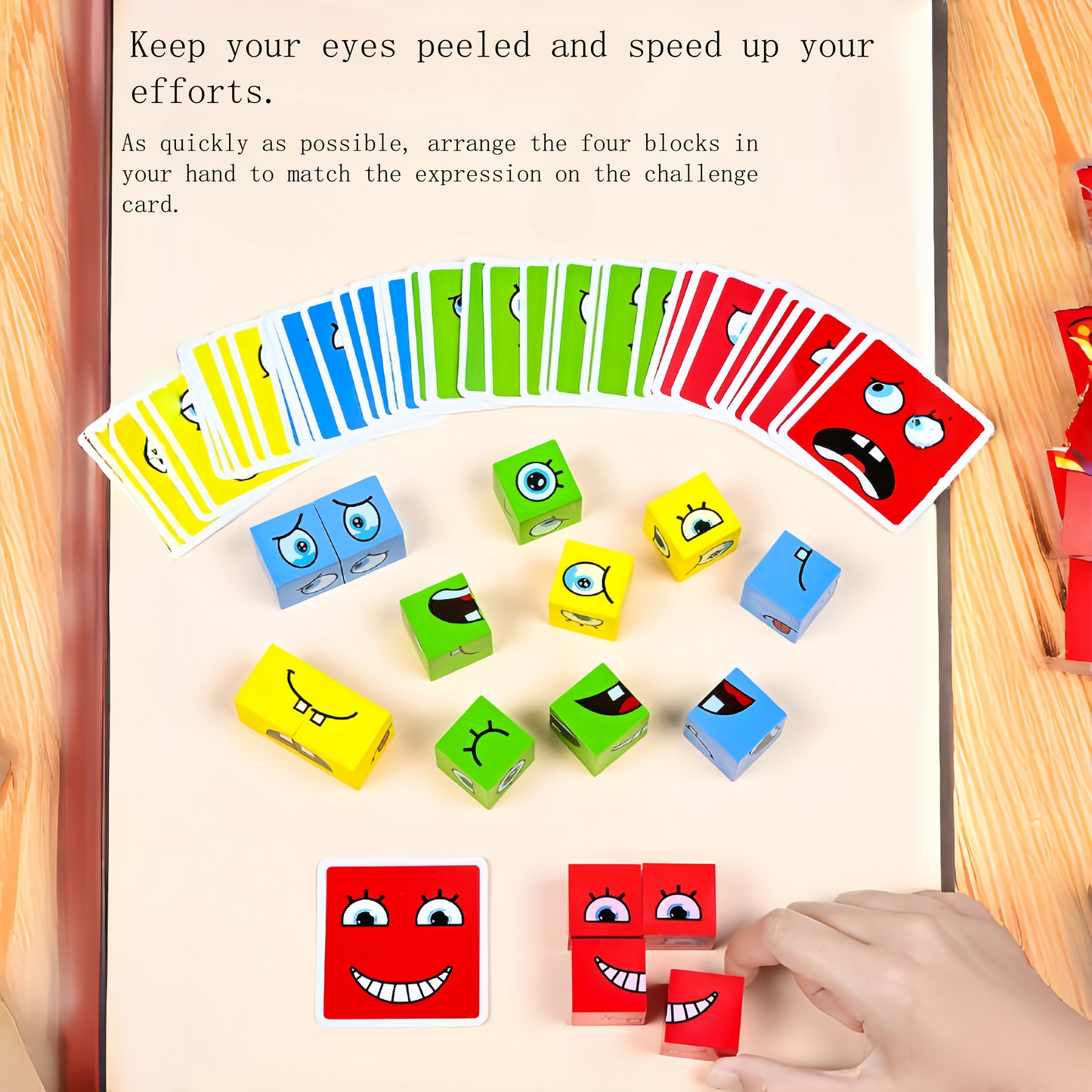 Children's wooden facial-expression changing magic cube table game building blocks with a bell, large-sized iron box puzzle, parent-child interactive thinking and intelligence toy