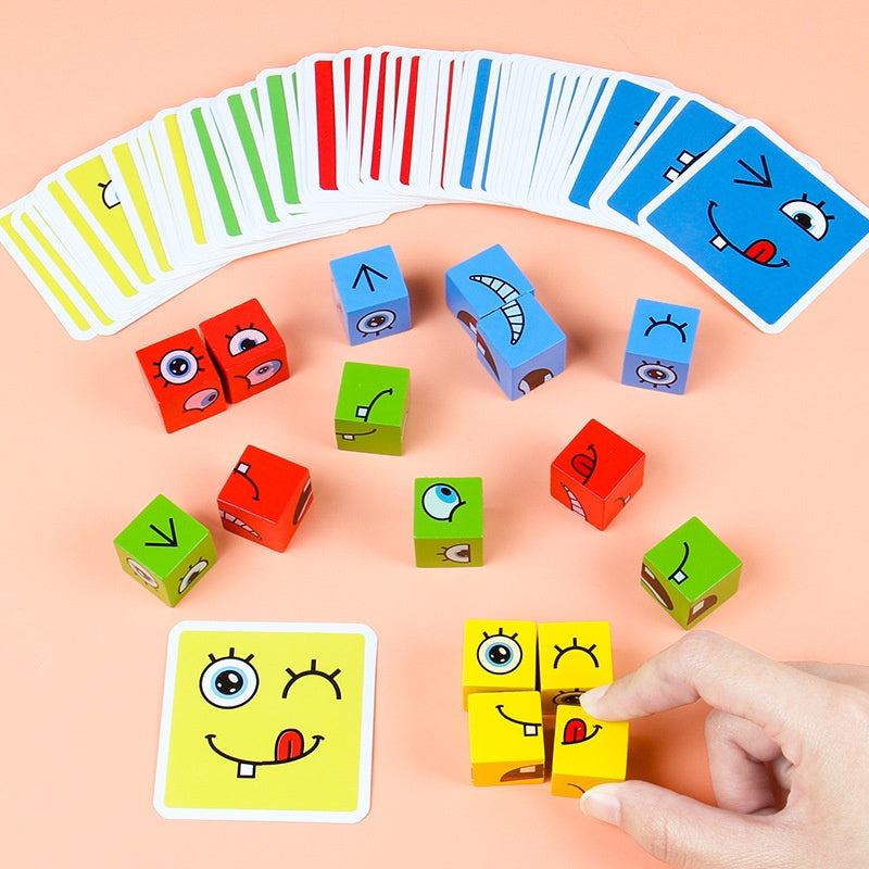 Children's wooden facial-expression changing magic cube table game building blocks with a bell, large-sized iron box puzzle, parent-child interactive thinking and intelligence toy