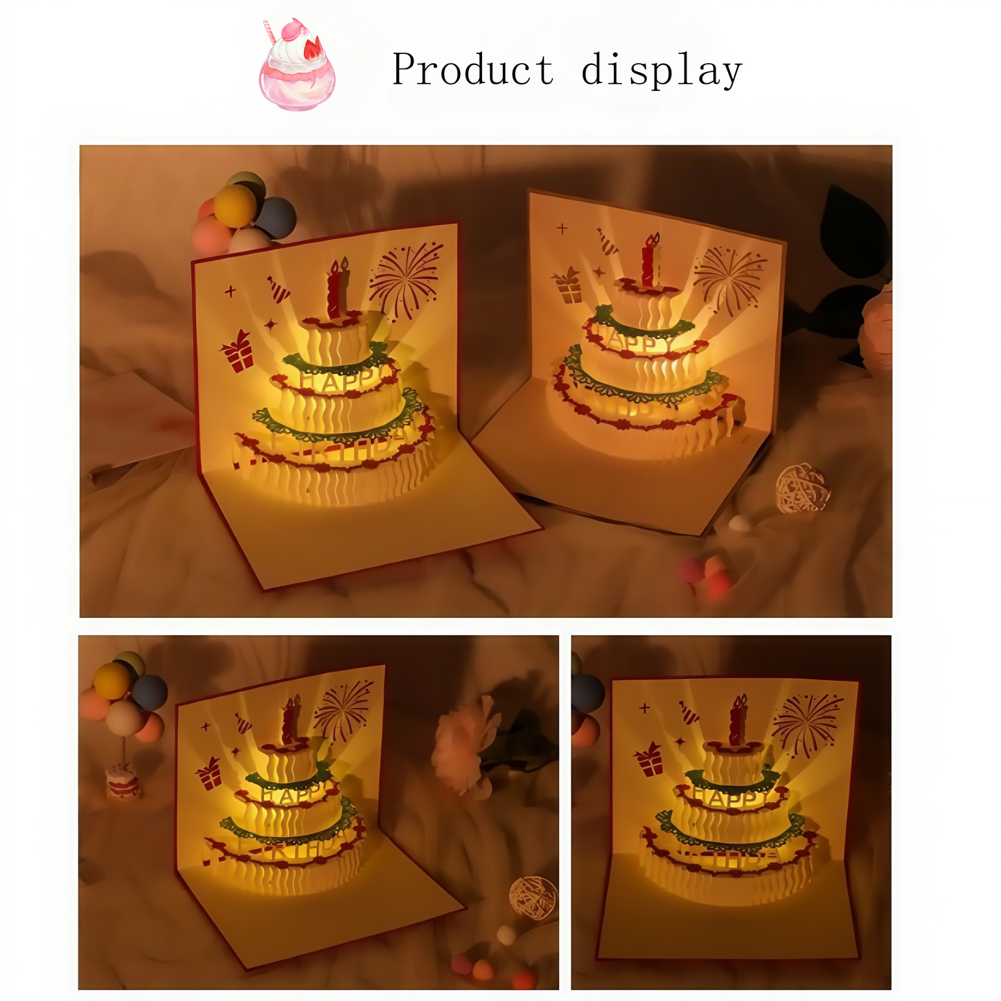 Birthday music cake three-dimensional greeting card paper sculpture with lights and handmade creative work