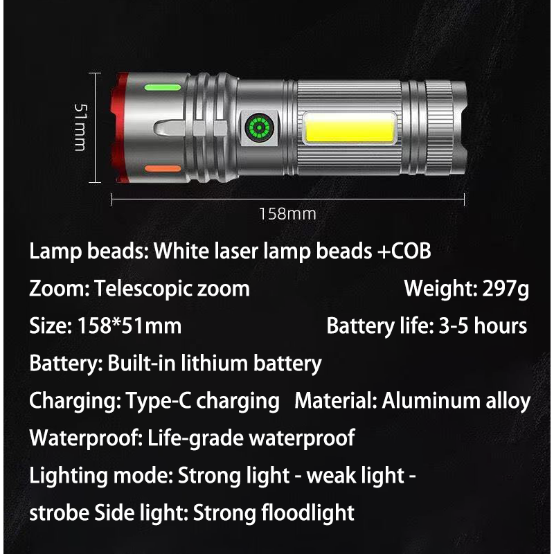 HYTRA Aluminum Alloy Flashlight Rechargeable Life-grade Waterproof Telescopic Zoom Colored Fluorescent Strip