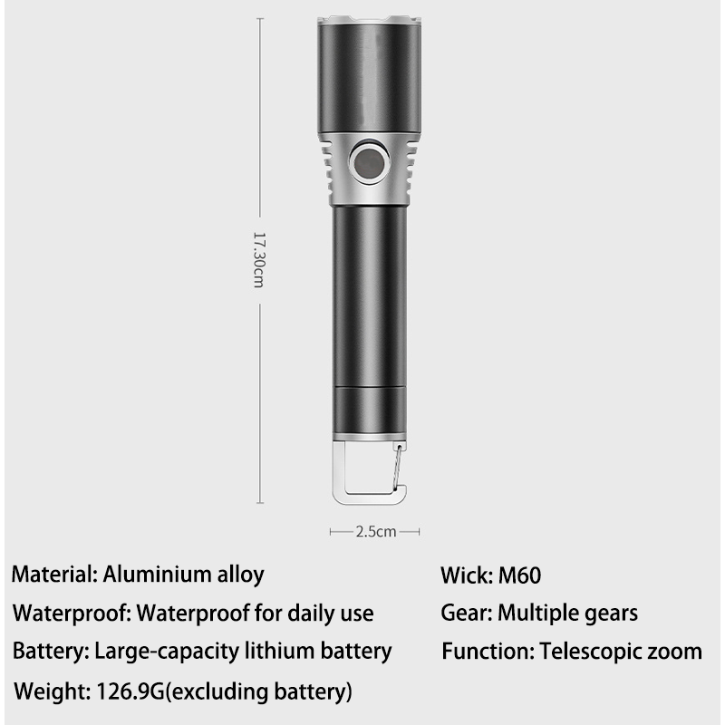 HYTRA Telescopic Zoom Long-range Flashlight Ultra-large Capacity Battery Multi-speed Adjustment Portable Hook Multiple Heat Dissipation
