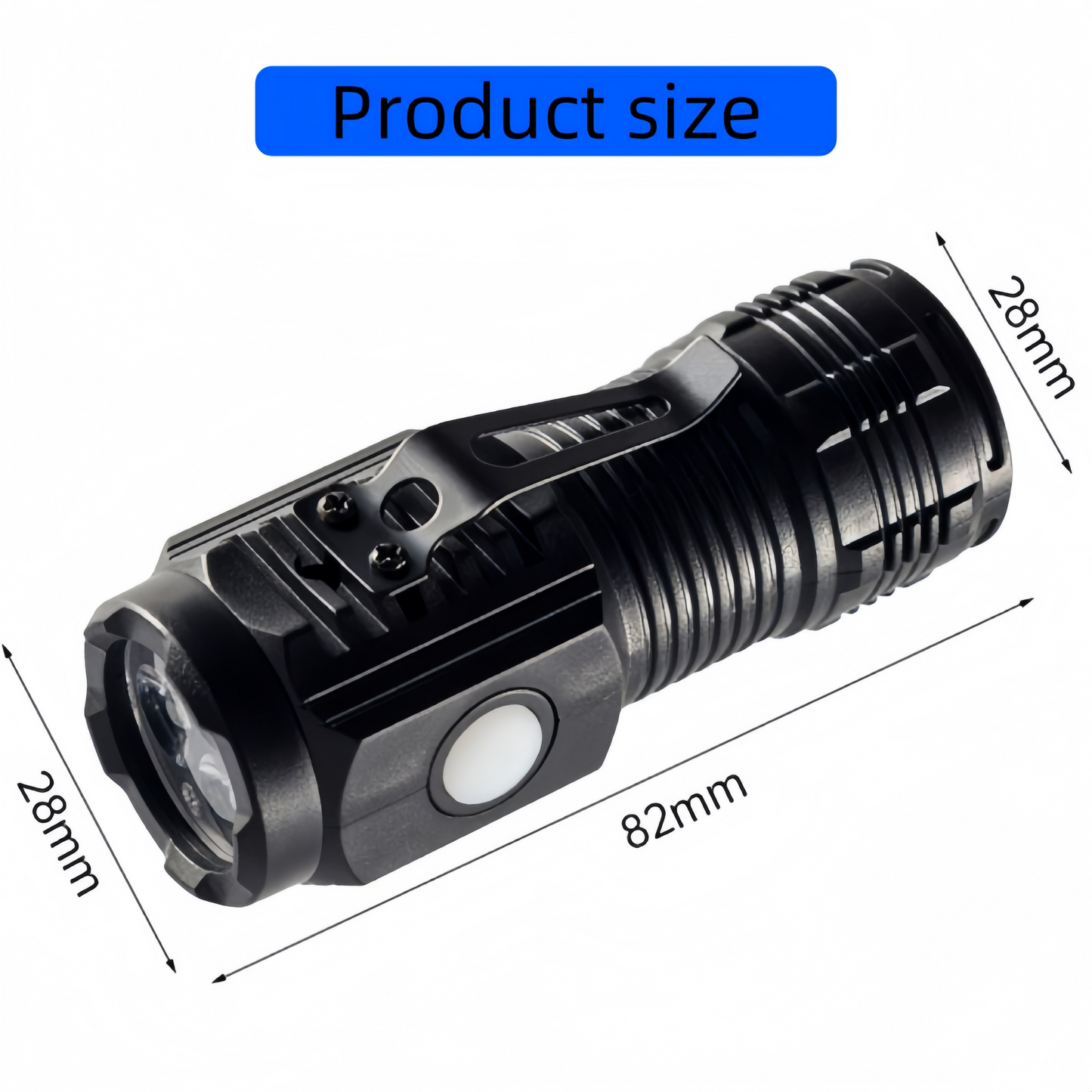 High-intensity long-range three-lens mini flashlight with high brightness, portable, multi-functional for outdoor use, with magnetic clip and headlamp cap.