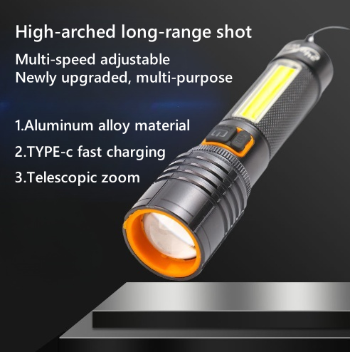 Super-bright long-range white laser TYPE-C fast-charging outdoor lighting lamp, telescopic zoomable, strong light flashlight