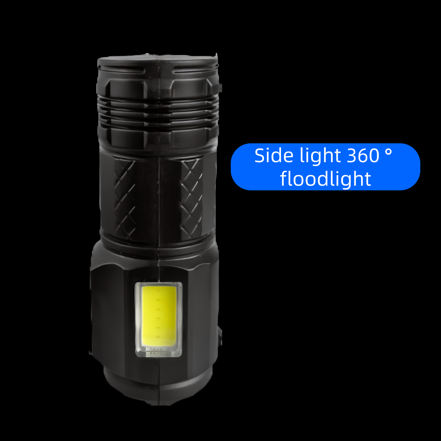 Ultra-bright 3-eye monster flashlight with LED side lamp, charging mini portable hand lamp