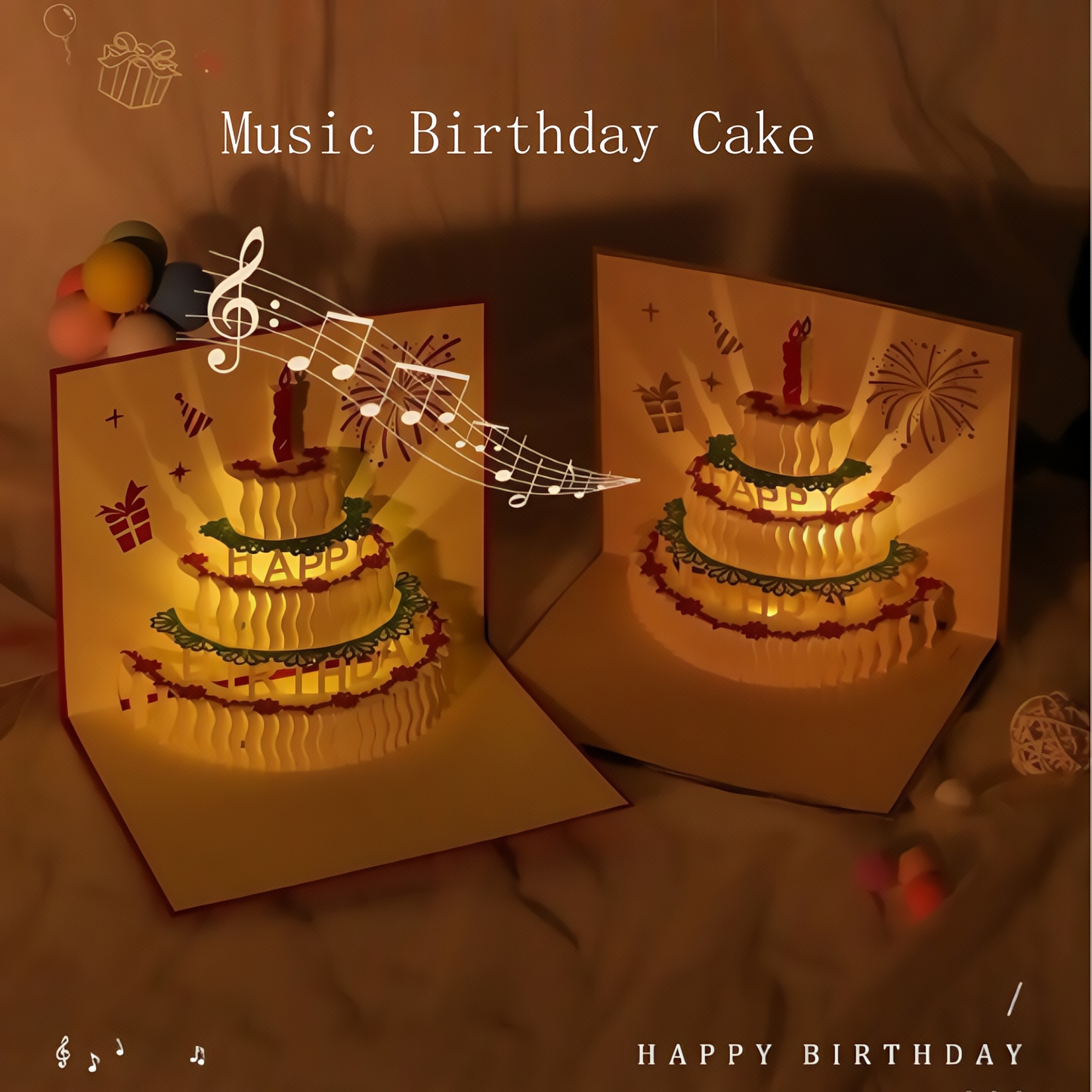 Birthday music cake three-dimensional greeting card paper sculpture with lights and handmade creative work