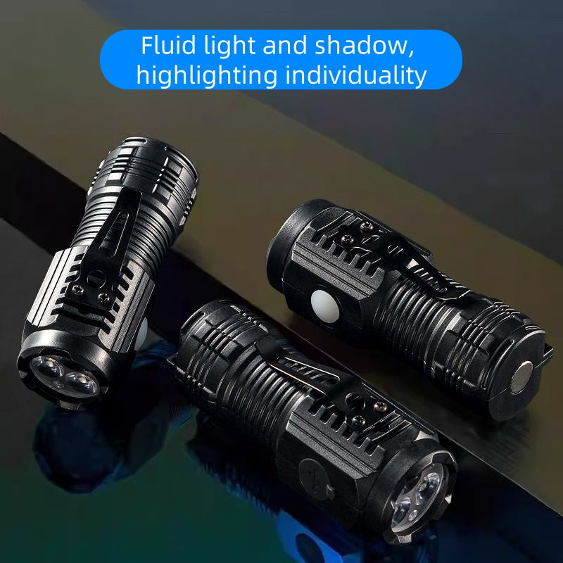 High-intensity long-range three-lens mini flashlight with high brightness, portable, multi-functional for outdoor use, with magnetic clip and headlamp cap.