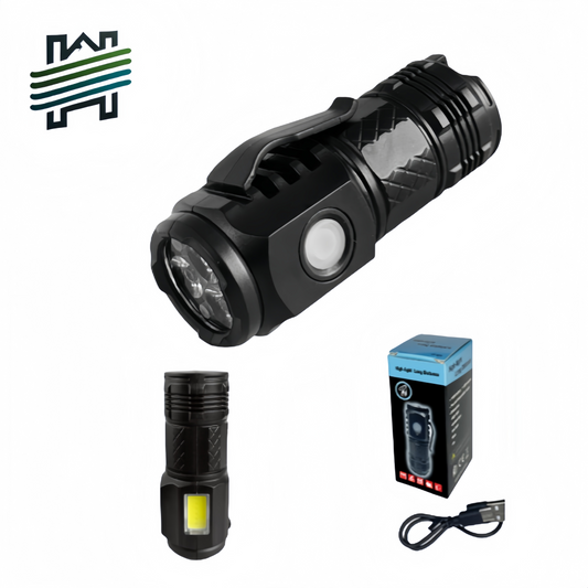 Ultra-bright 3-eye monster flashlight with LED side lamp, charging mini portable hand lamp