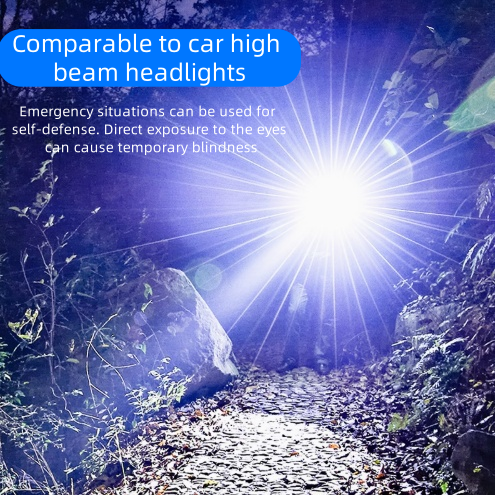 High-intensity flashlight with long-lasting rechargeable battery, durable for outdoor use, compact and portable, super bright.