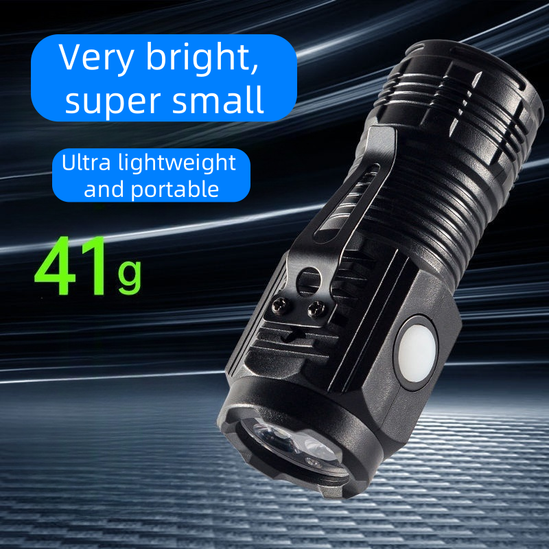 High-intensity long-range three-lens mini flashlight with high brightness, portable, multi-functional for outdoor use, with magnetic clip and headlamp cap.
