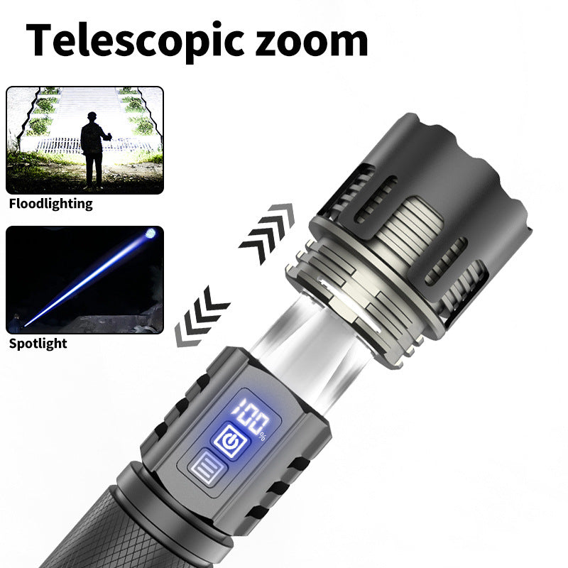 HYTRA LED Strong Light Long-range Zoom Flashlight Laser Wick Made of 5-level Waterproof Alloy Material for Focusing and Zooming