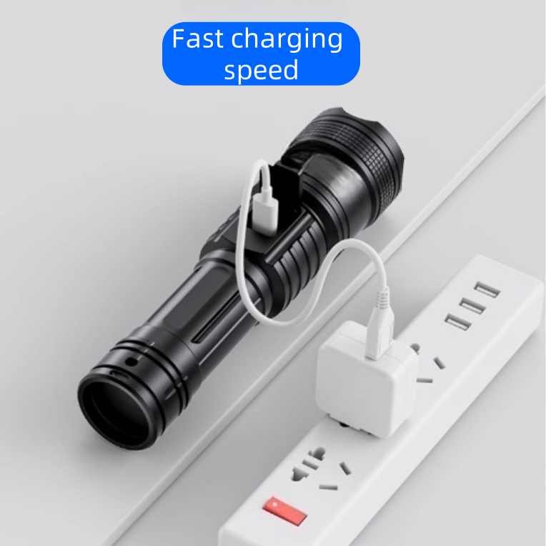 High-intensity flashlight with long-lasting rechargeable battery, durable for outdoor use, compact and portable, super bright.