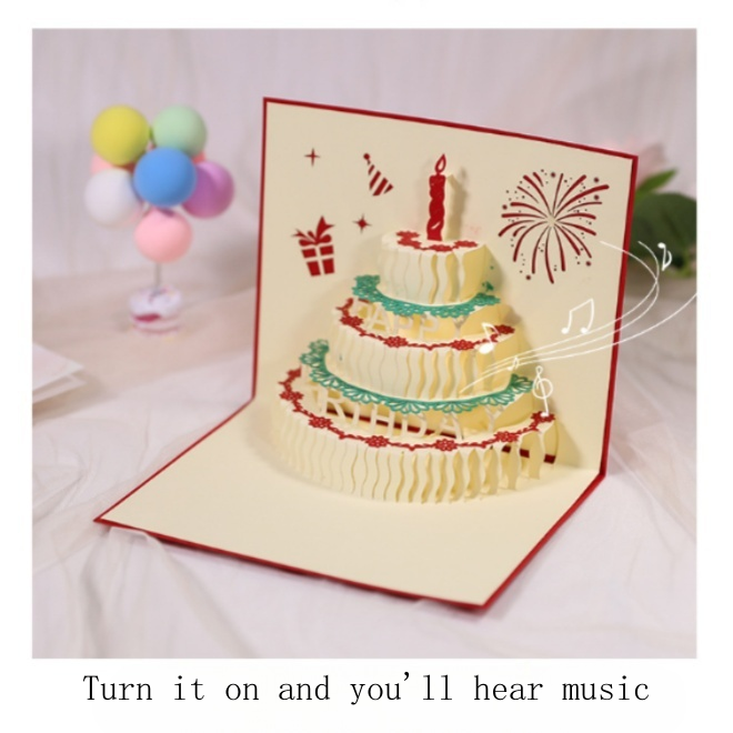 Birthday music cake three-dimensional greeting card paper sculpture with lights and handmade creative work