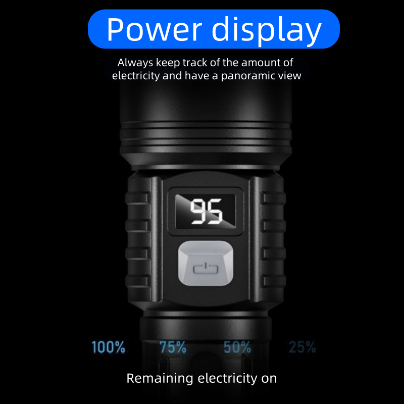 High-intensity flashlight with long-lasting rechargeable battery, durable for outdoor use, compact and portable, super bright.