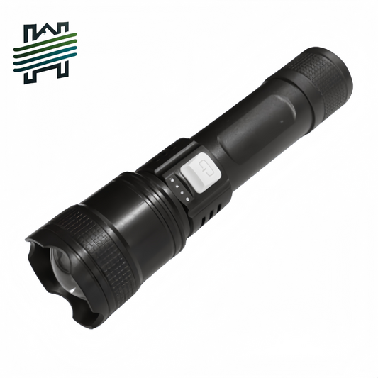 High-intensity flashlight with long-lasting rechargeable battery, durable for outdoor use, compact and portable, super bright.