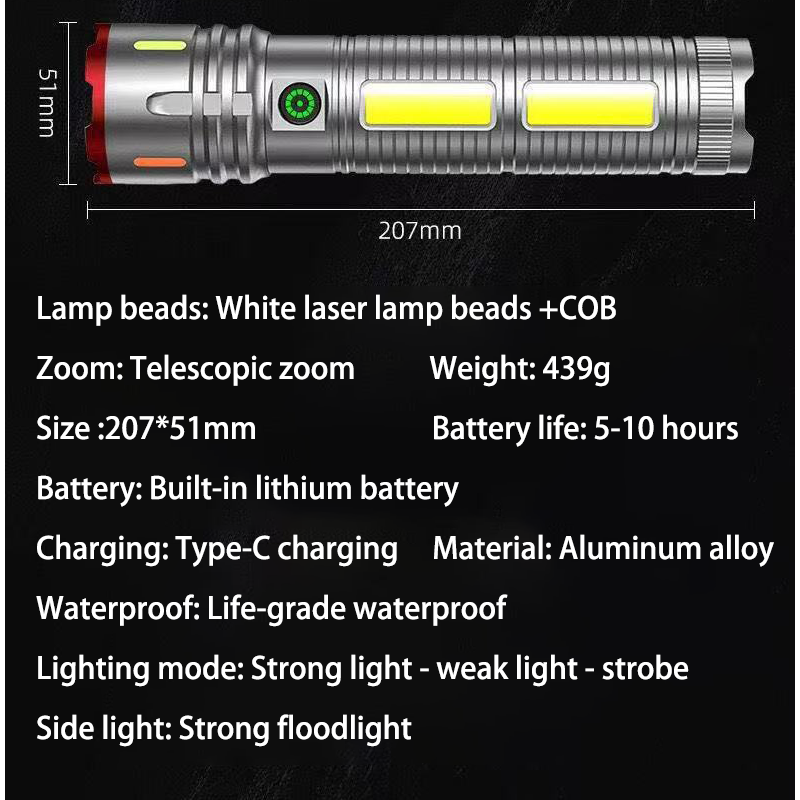 HYTRA Aluminum Alloy Flashlight High-capacity Lithium Battery It can be Used as a Power Bank Telescopic Zoom Intelligent Battery Level Display