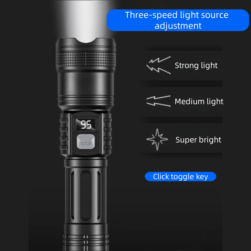 High-intensity flashlight with long-lasting rechargeable battery, durable for outdoor use, compact and portable, super bright.