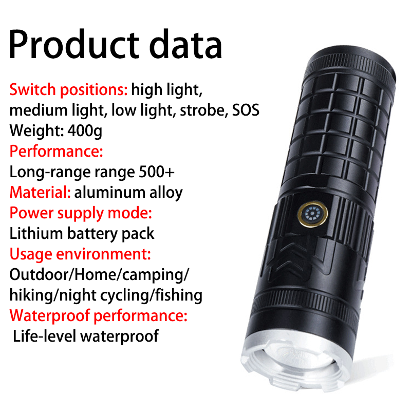 HYTRA Ultra-long-lasting Outdoor Flashlight Rechargeable Rainproof Shockproof High-Brightness Long-range Lighting Lamp