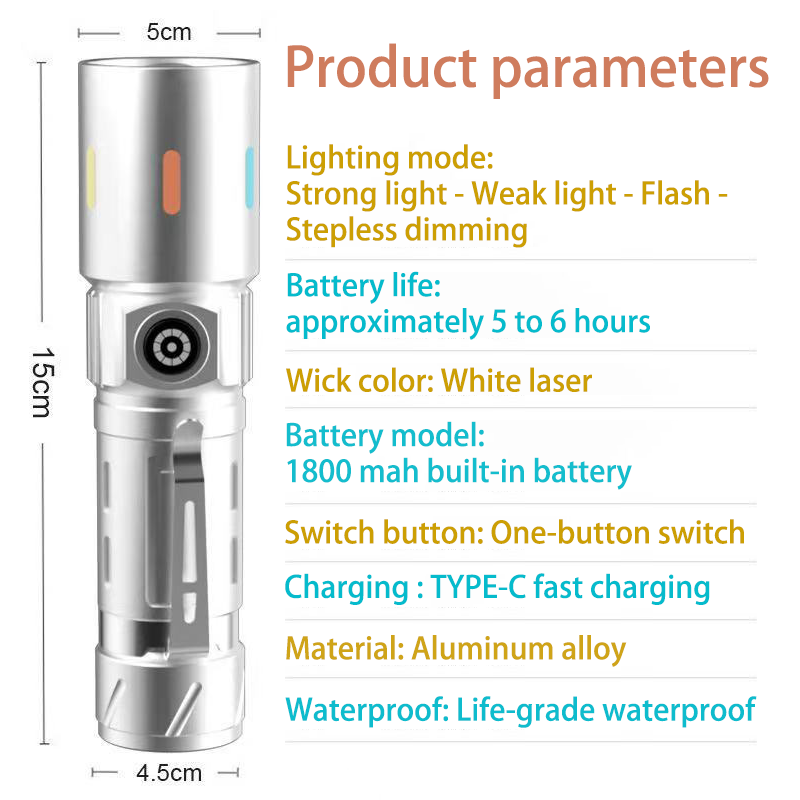 HYTRA Aluminum Alloy Telescopic Zoom Flashlight Lightweight and Portable Aluminum Alloy Material Built-in Recyclable Battery