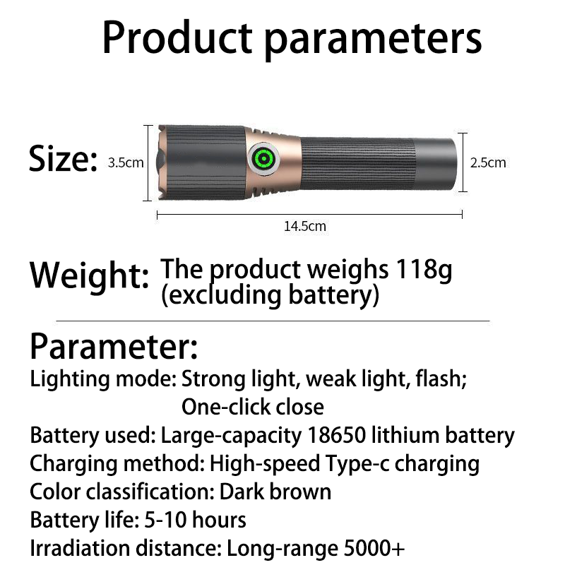 HYTRA Zoom Strong Light Flashlight Portable and Rechargeable Three-level Adjustment Large-capacity Battery