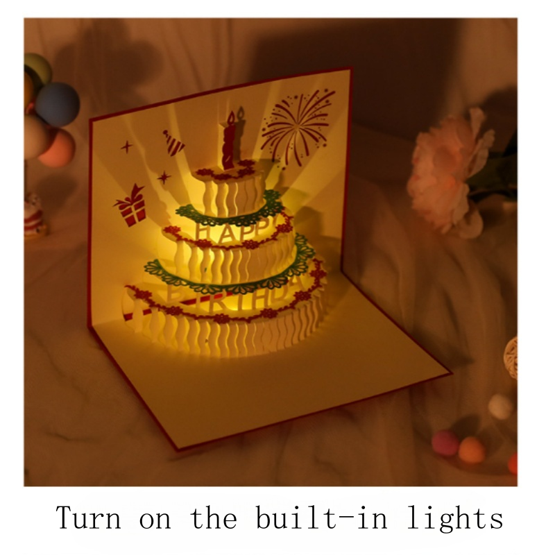 Birthday music cake three-dimensional greeting card paper sculpture with lights and handmade creative work